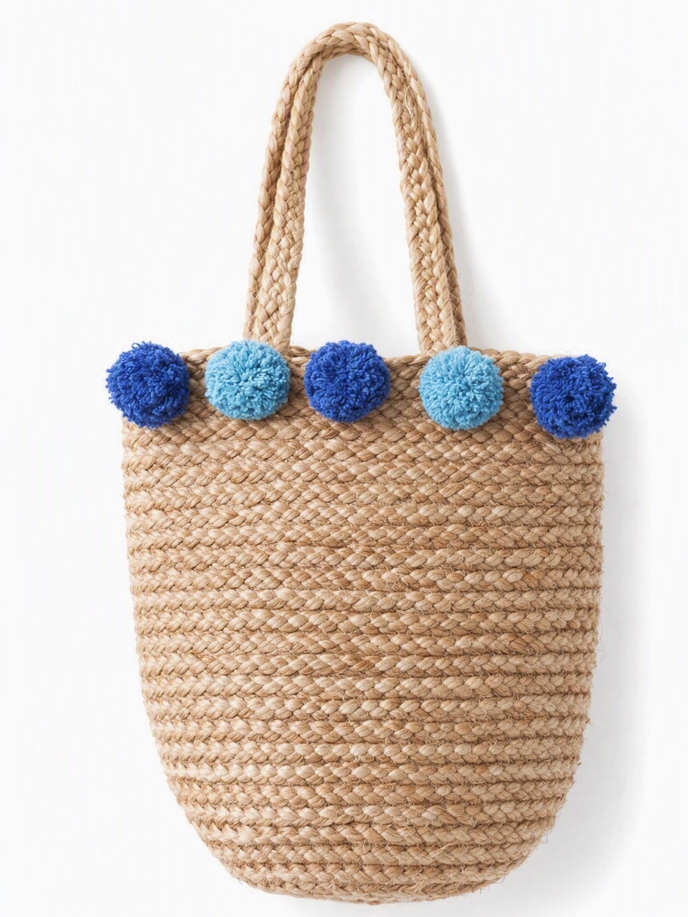 Anthropologie boho resort jute Tote with Teal and Navy Pom-Poms